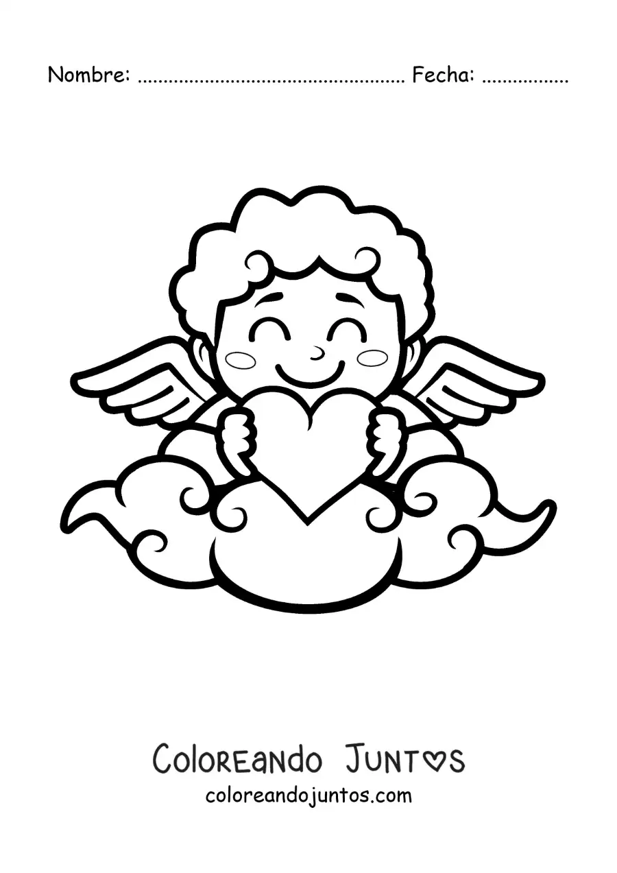 Imagen para colorear de cupido animado con un corazón en una nube