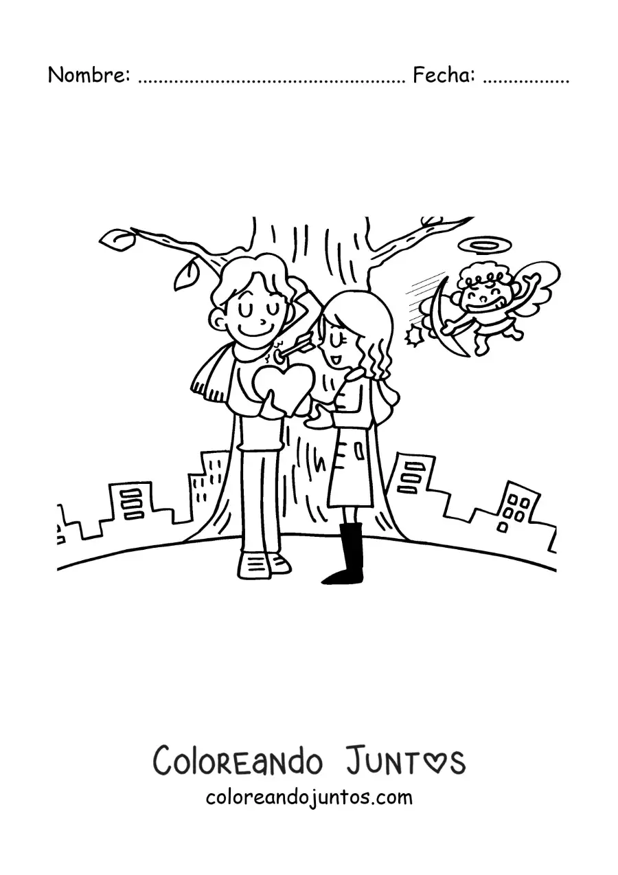 Imagen para colorear de cupido flechando a una pareja de enamorados
