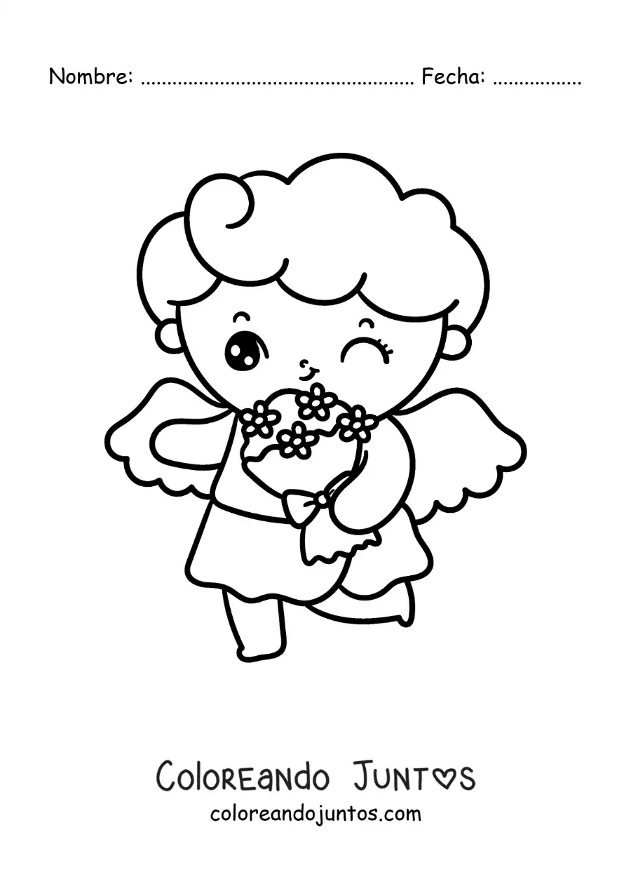 Imagen para colorear de ángel cupido animado con un ramo de flores