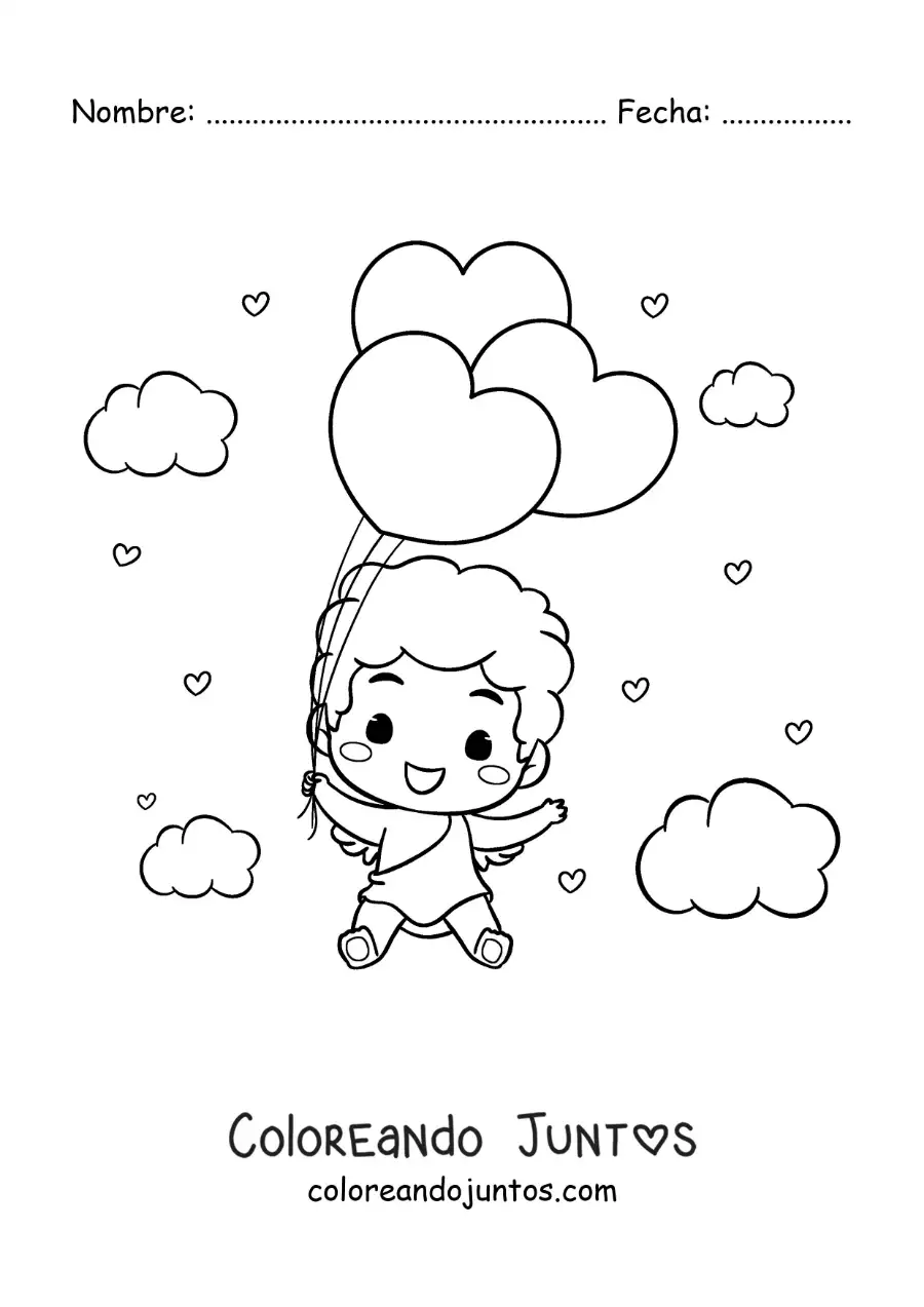 Imagen para colorear de gracioso cupido bebé animado con globos de corazón