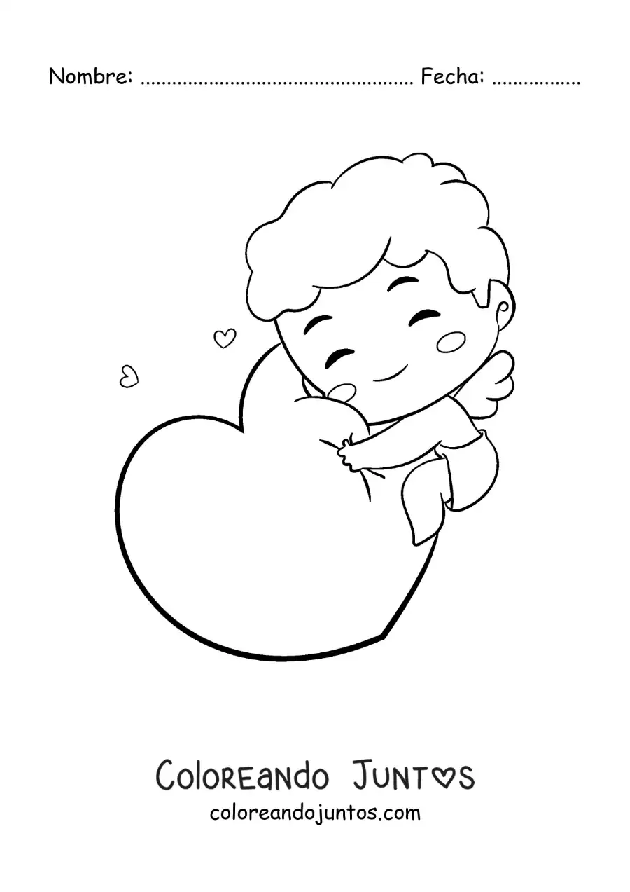 Imagen para colorear de lindo cupido bebé gracioso abrazando un corazón