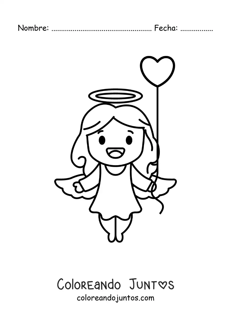 Imagen para colorear de caricatura de cupido con un globo de corazón