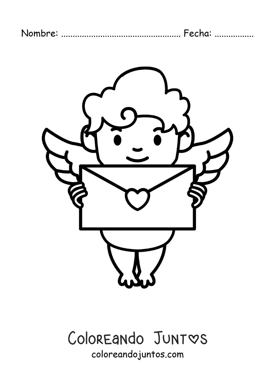 Imagen para colorear de caricatura de cupido con una carta de amor