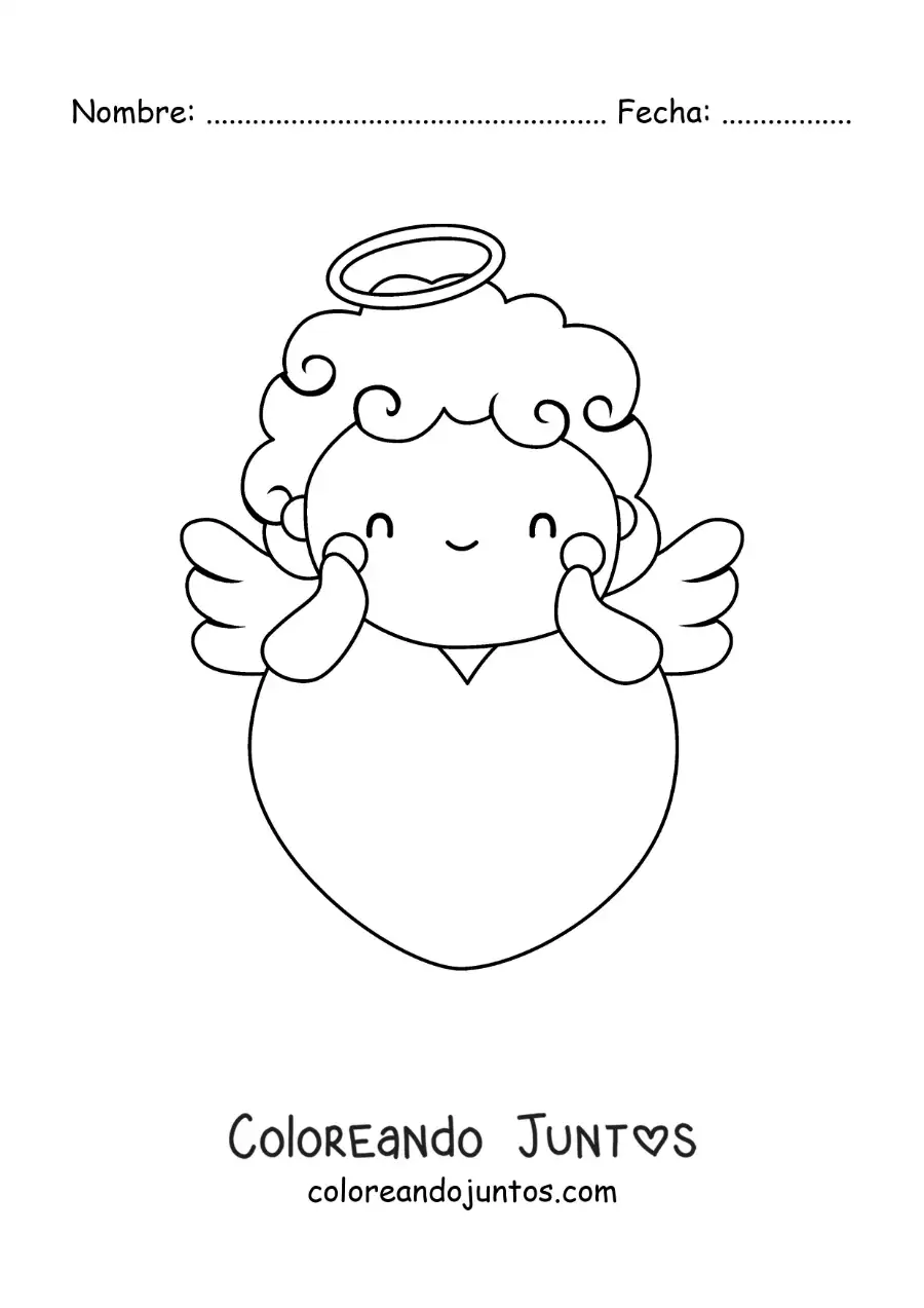 Imagen para colorear de cupido apoyado en un corazón gigante