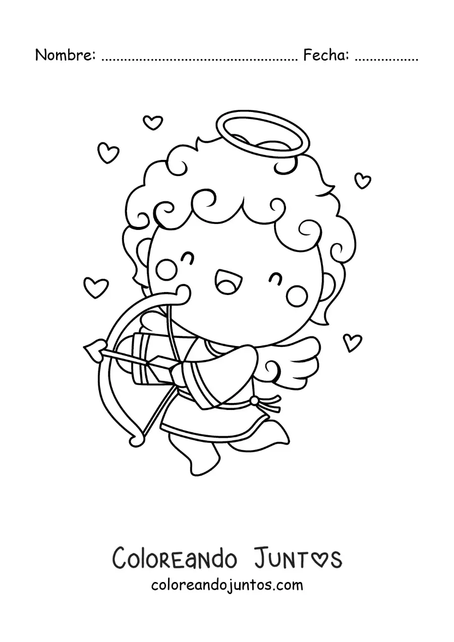 Imagen para colorear de ángel cupido disparando con corazones