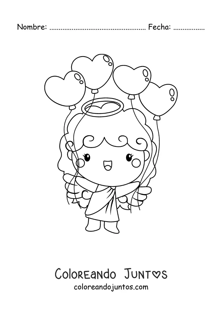 Imagen para colorear de ángel cupido con globos de san valentín
