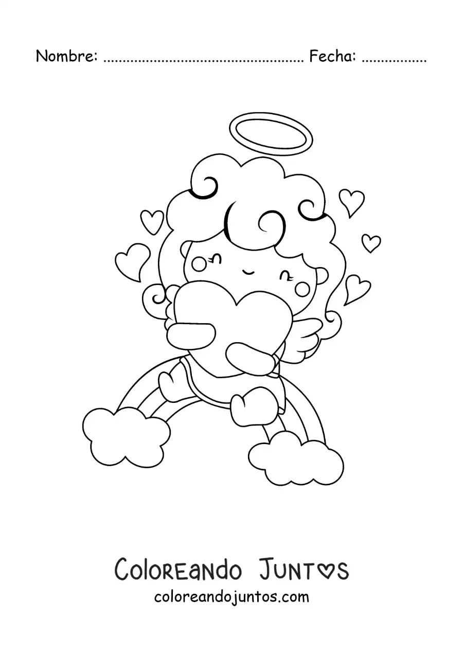Imagen para colorear de ángel cupido en un arcoíris con corazones