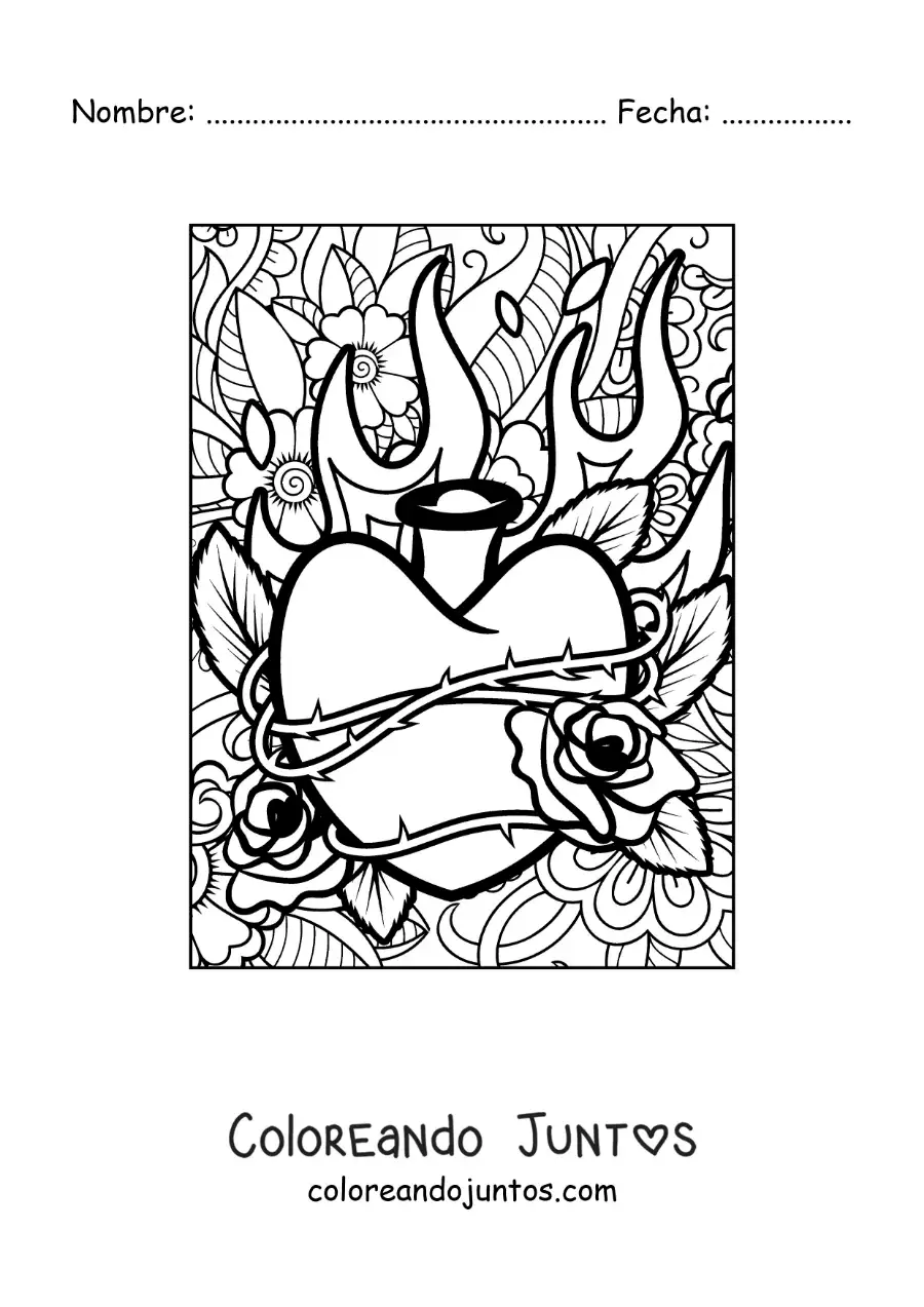 Imagen para colorear de corazón en llamas