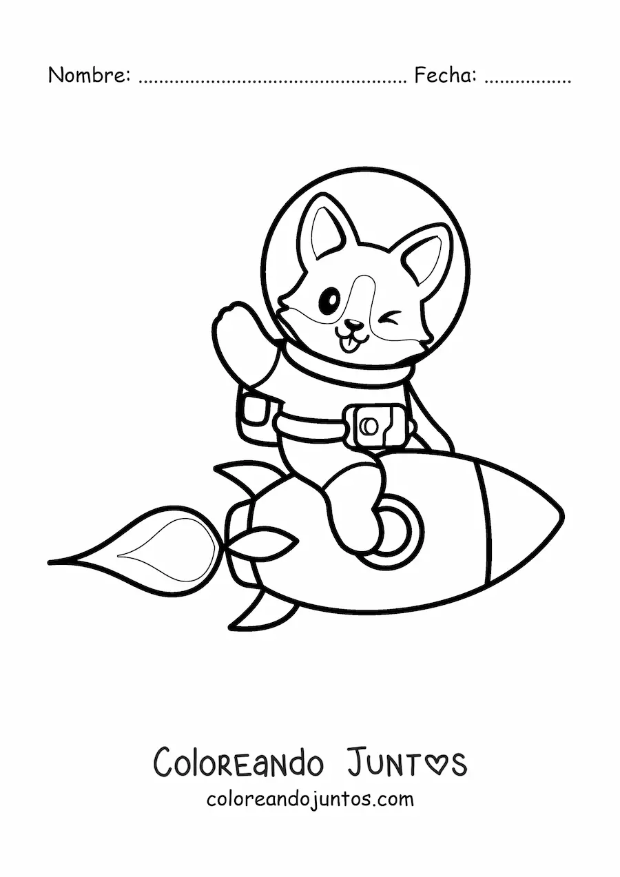 Imagen para colorear de un perro animado con traje espacial sobre un cohete