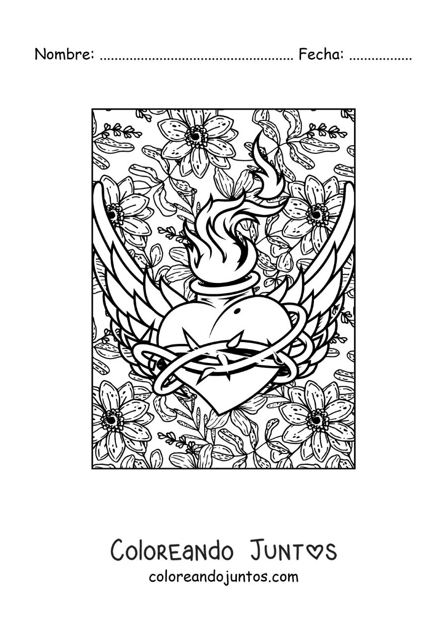 Imagen para colorear de corazón en llamas con alas