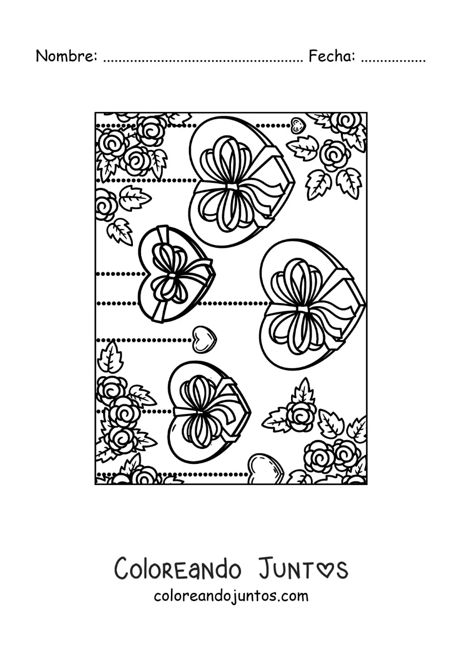 Imagen para colorear de corazones colgantes decorados con flores