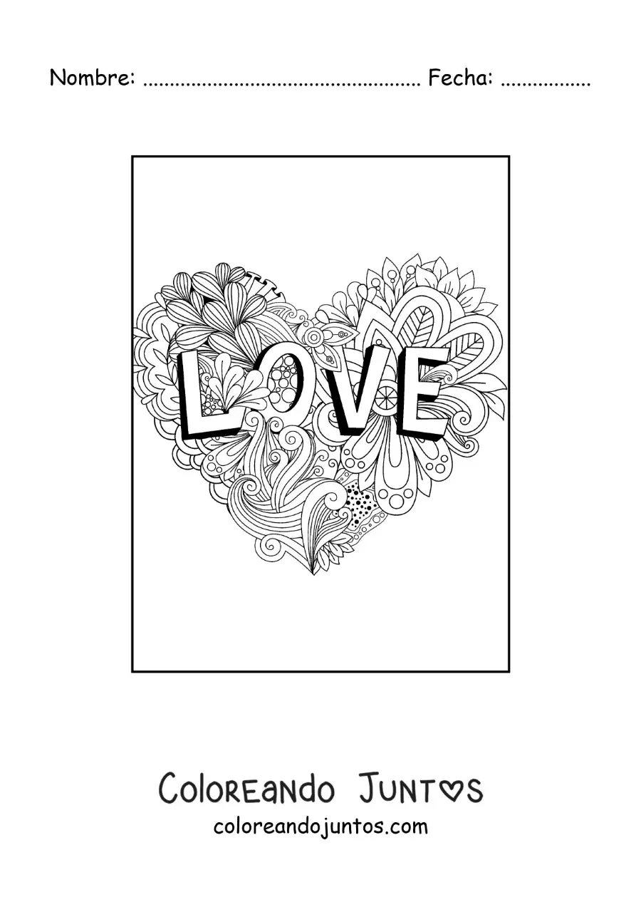 Imagen para colorear de mandala de corazón con letras que dicen love