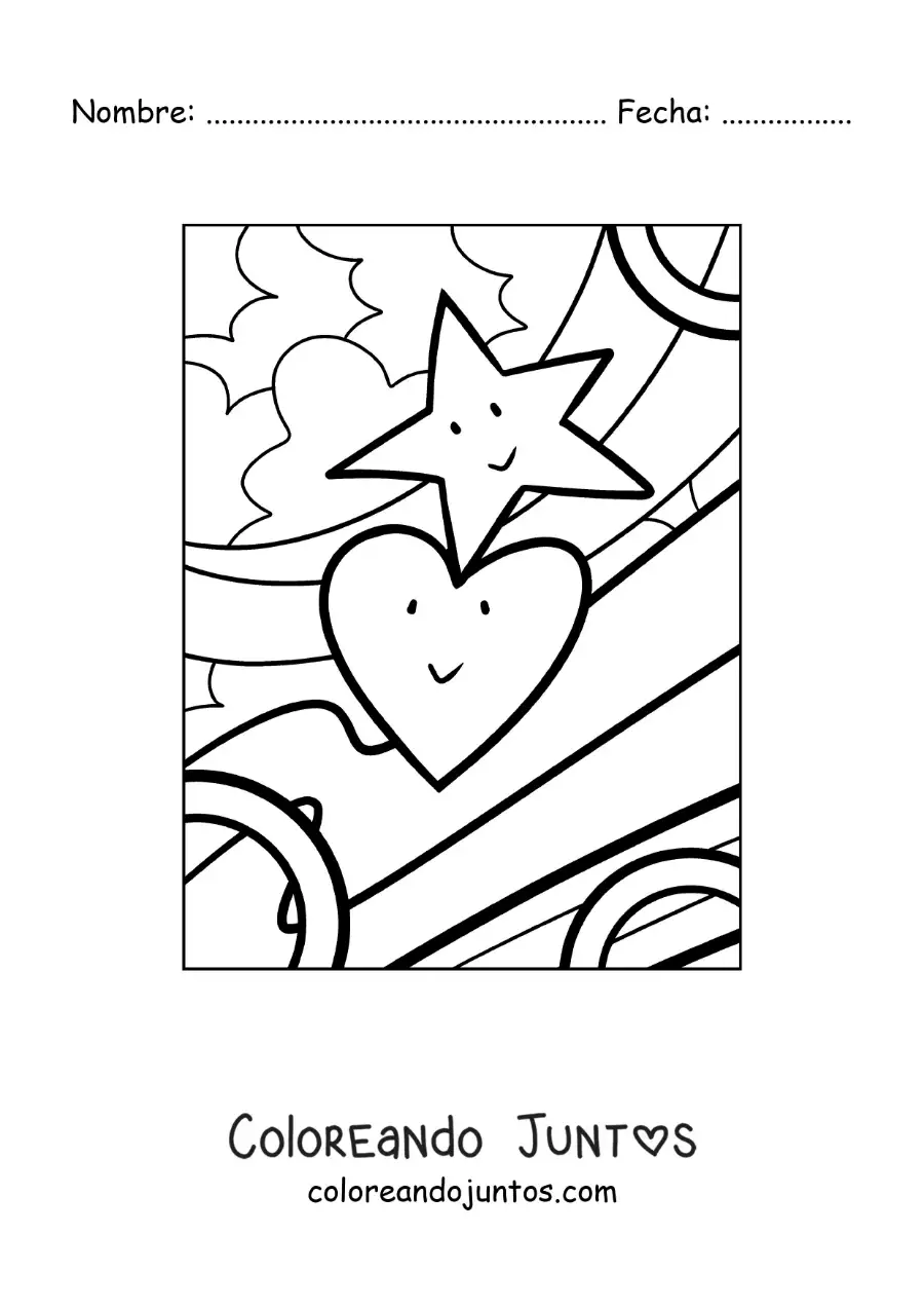 Imagen para colorear de corazón animado junto a una estrella