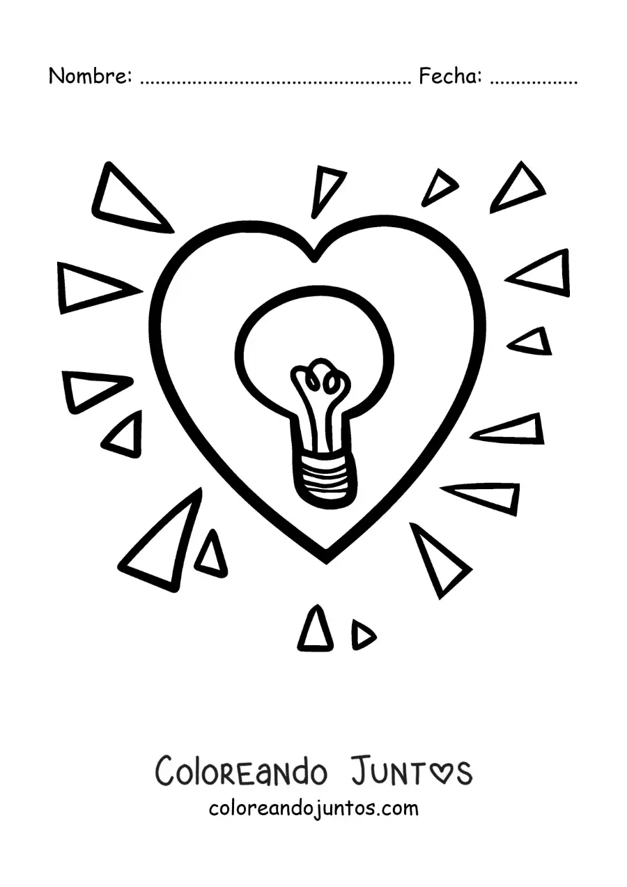 Imagen para colorear de corazón grande iluminado con un bombillo
