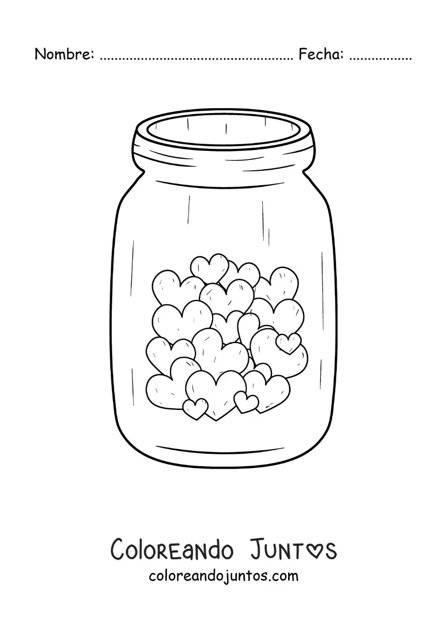 Imagen para colorear de frasco de vidrio lleno de corazones pequeños