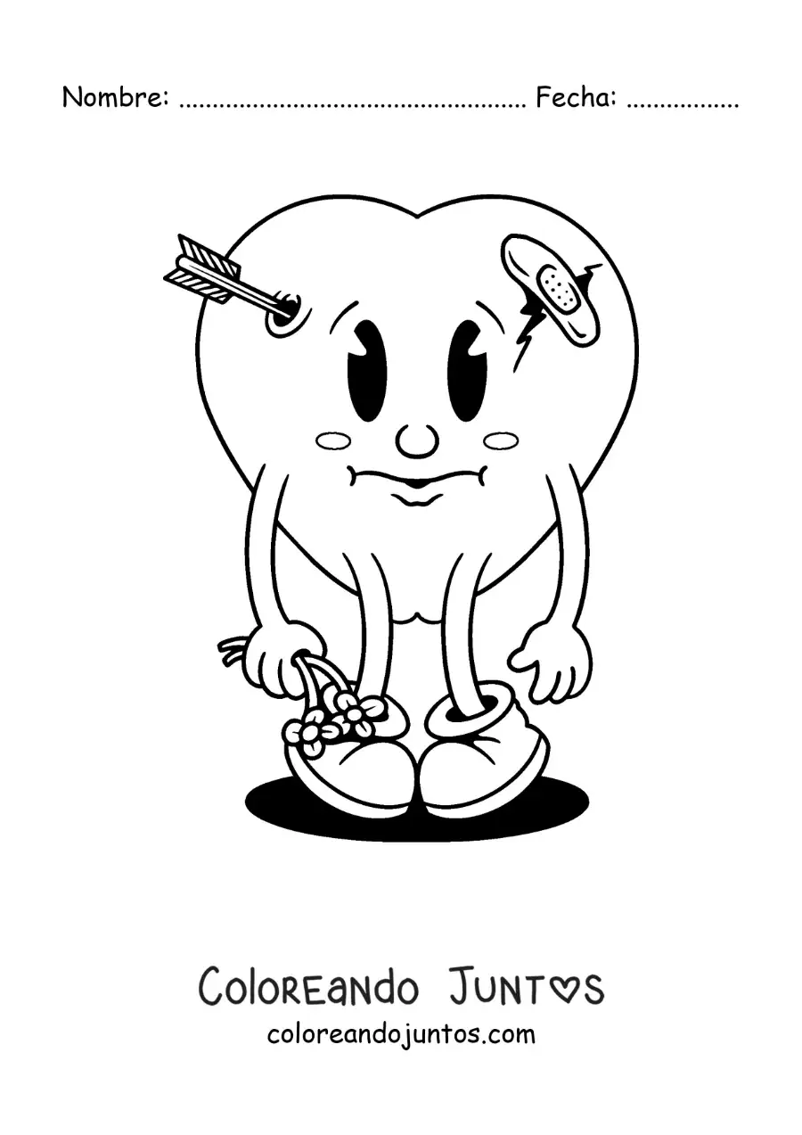Imagen para colorear de caricatura de un corazón herido y triste