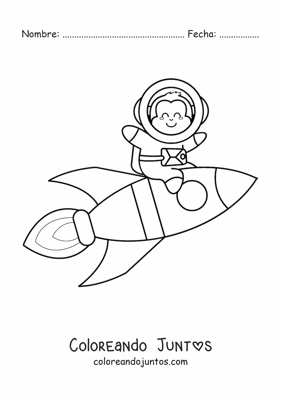 Imagen para colorear de un mono animado con traje espacial sobre un cohete