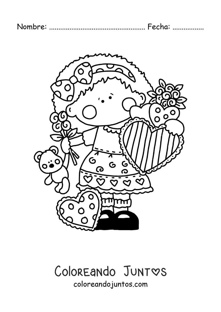 Imagen para colorear de niña con rosas y corazones de san valentín