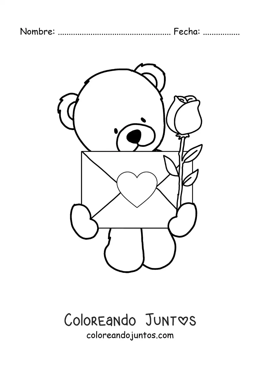 Imagen para colorear de oso animado con rosas y una carta de amor