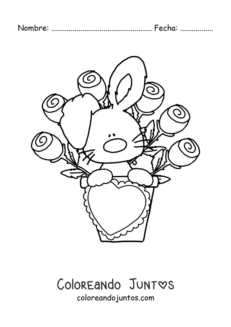 Imagen para colorear de tierno conejo animado con un ramo de rosas y un corazón