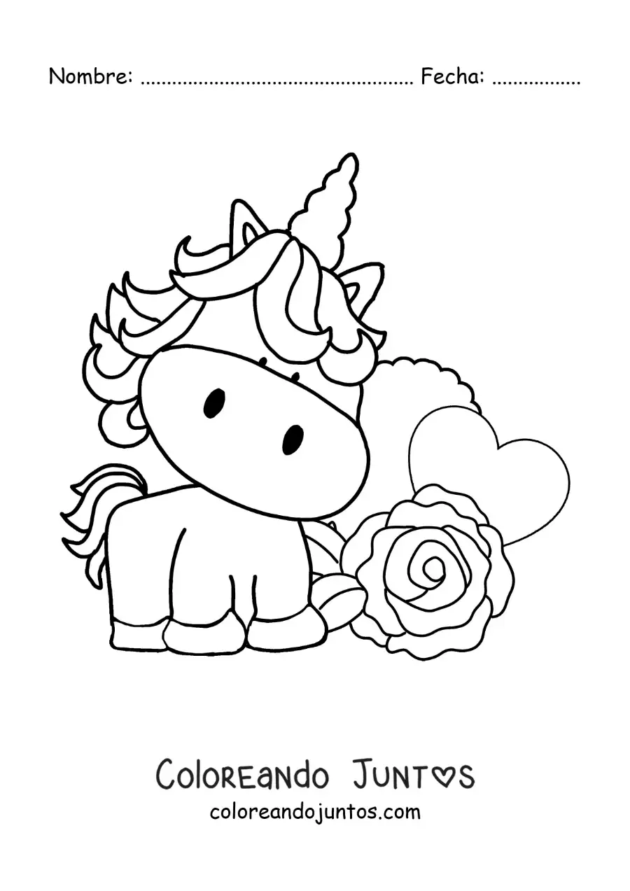 Imagen para colorear de lindo unicornio animado con una rosa y un corazón
