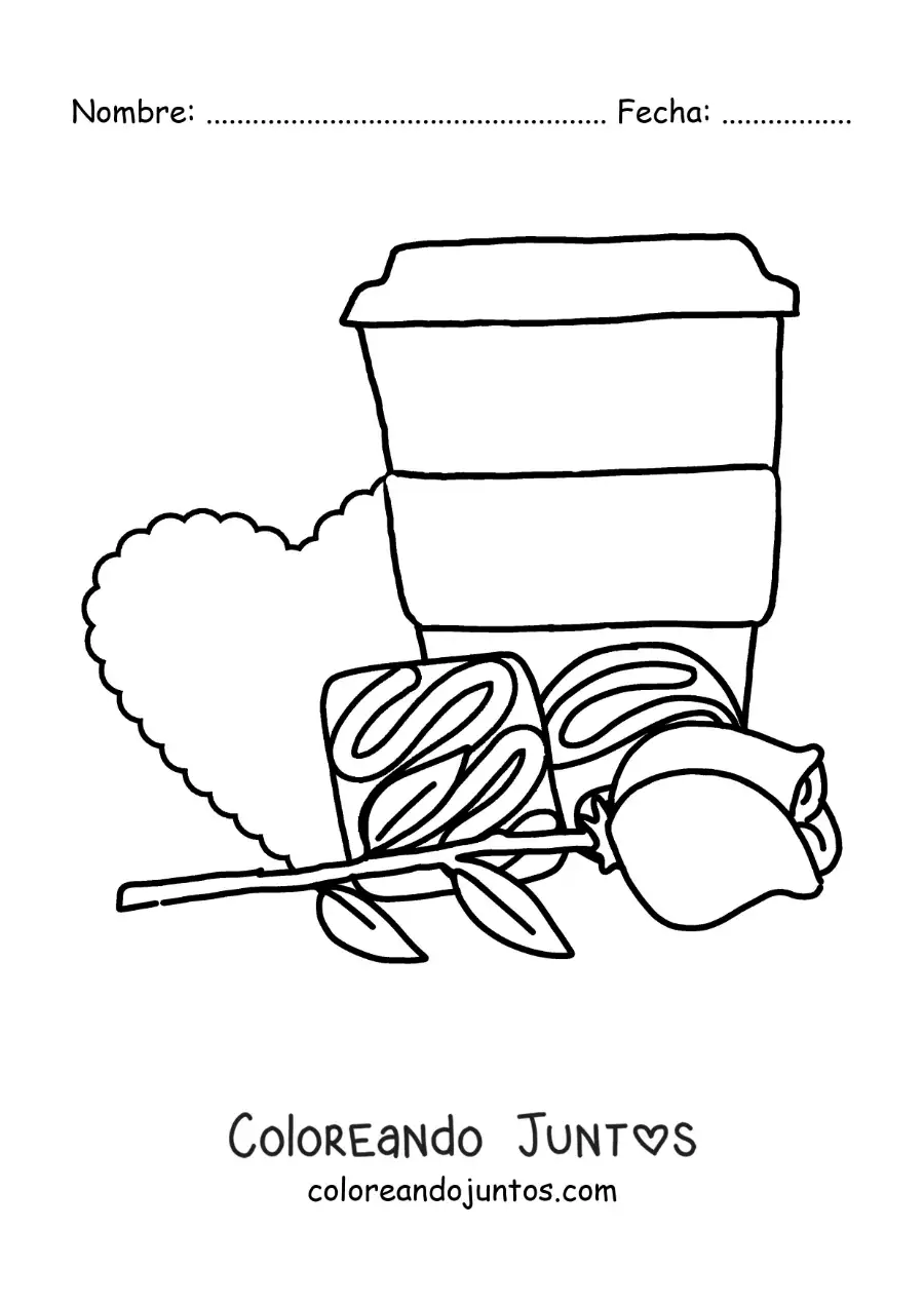 Imagen para colorear de vaso de café con bombones, una rosa y un corazón