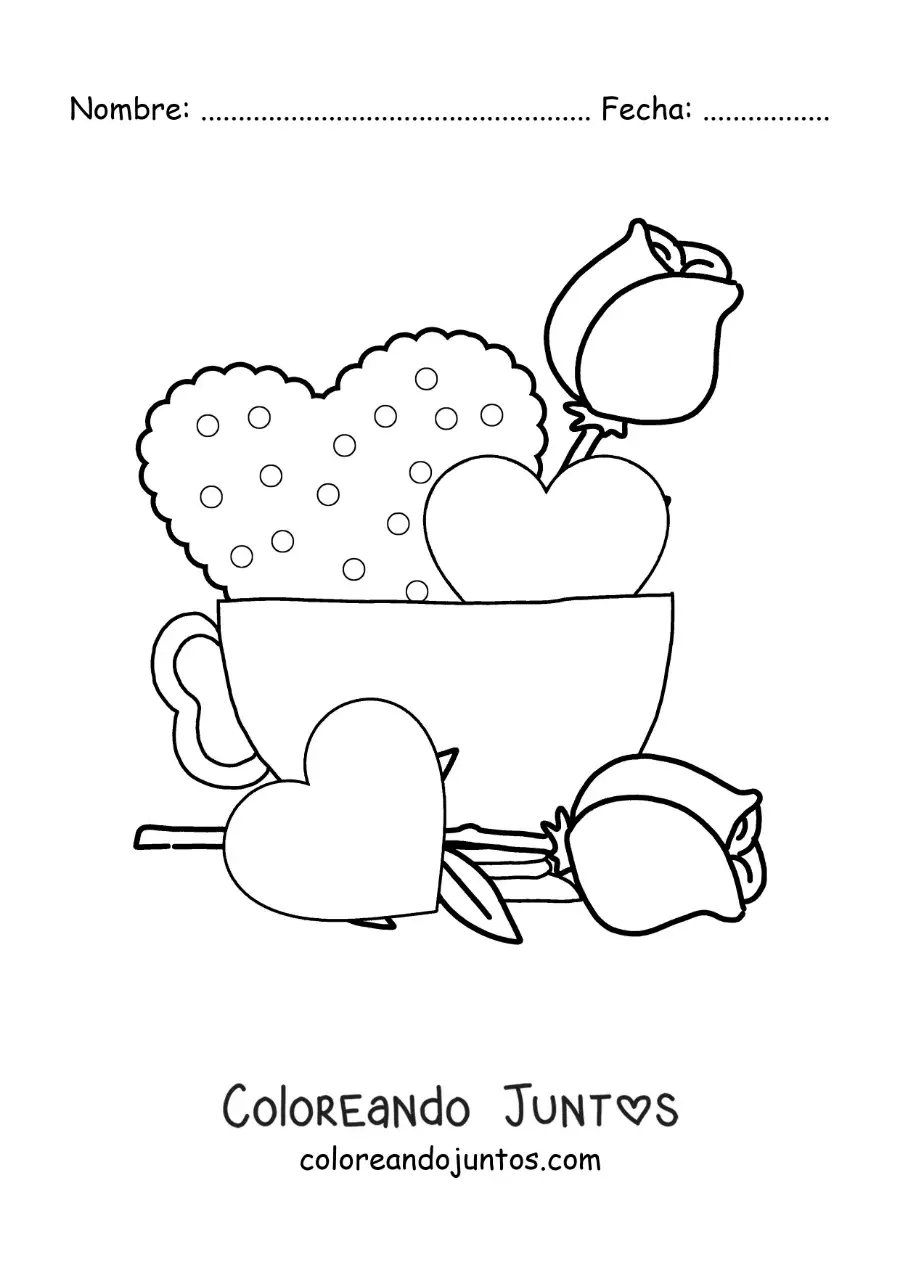 Imagen para colorear de taza de café con corazones y rosas