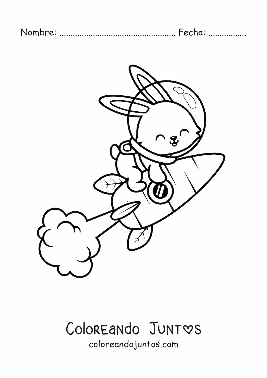 Imagen para colorear de un conejo animado en un cohete de zanahoria