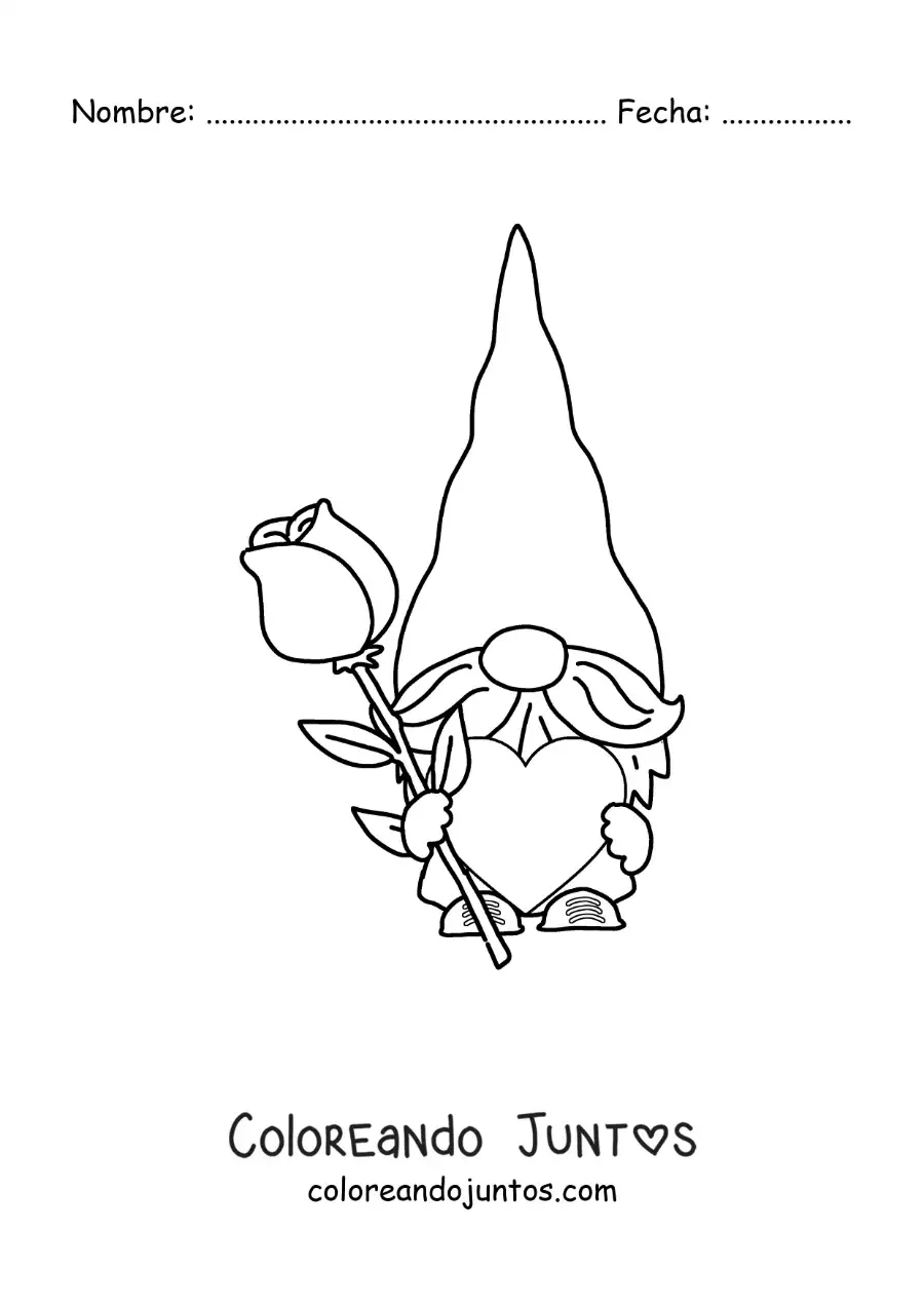 Imagen para colorear de gnomo animado con una rosa y un corazón