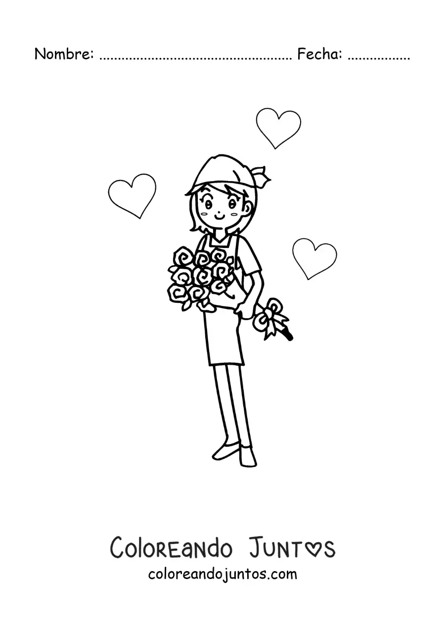 Imagen para colorear de chica con un ramo de rosas y corazones alrededor