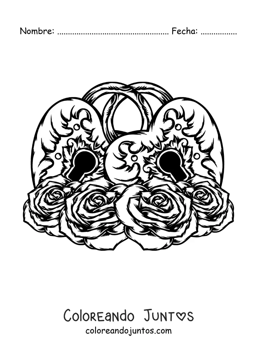 Imagen para colorear de candados unidos con forma de corazón rodeados de rosas
