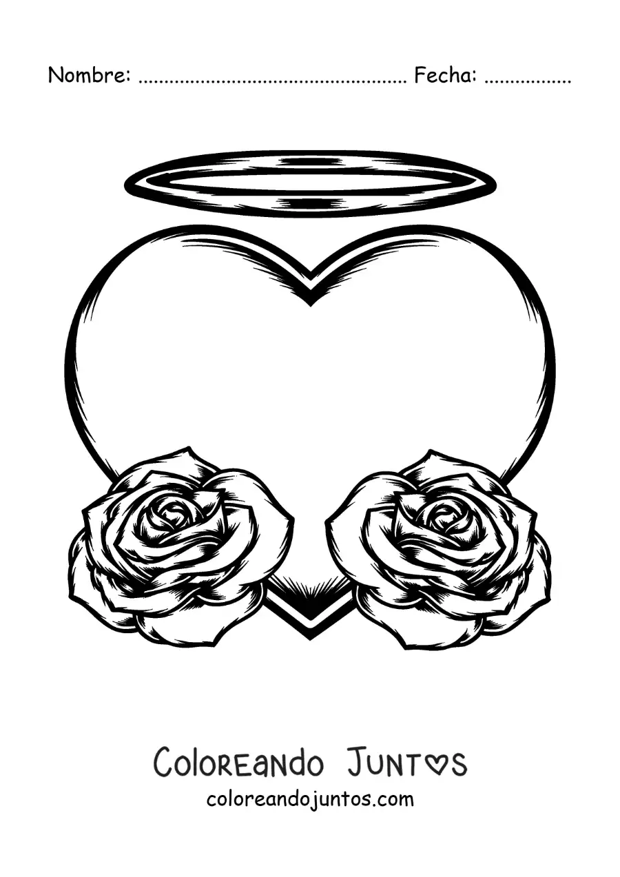Imagen para colorear de un corazón grande con dos rosas