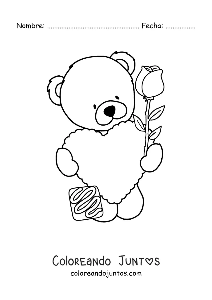 Imagen para colorear de oso de peluche con un corazón y una rosa