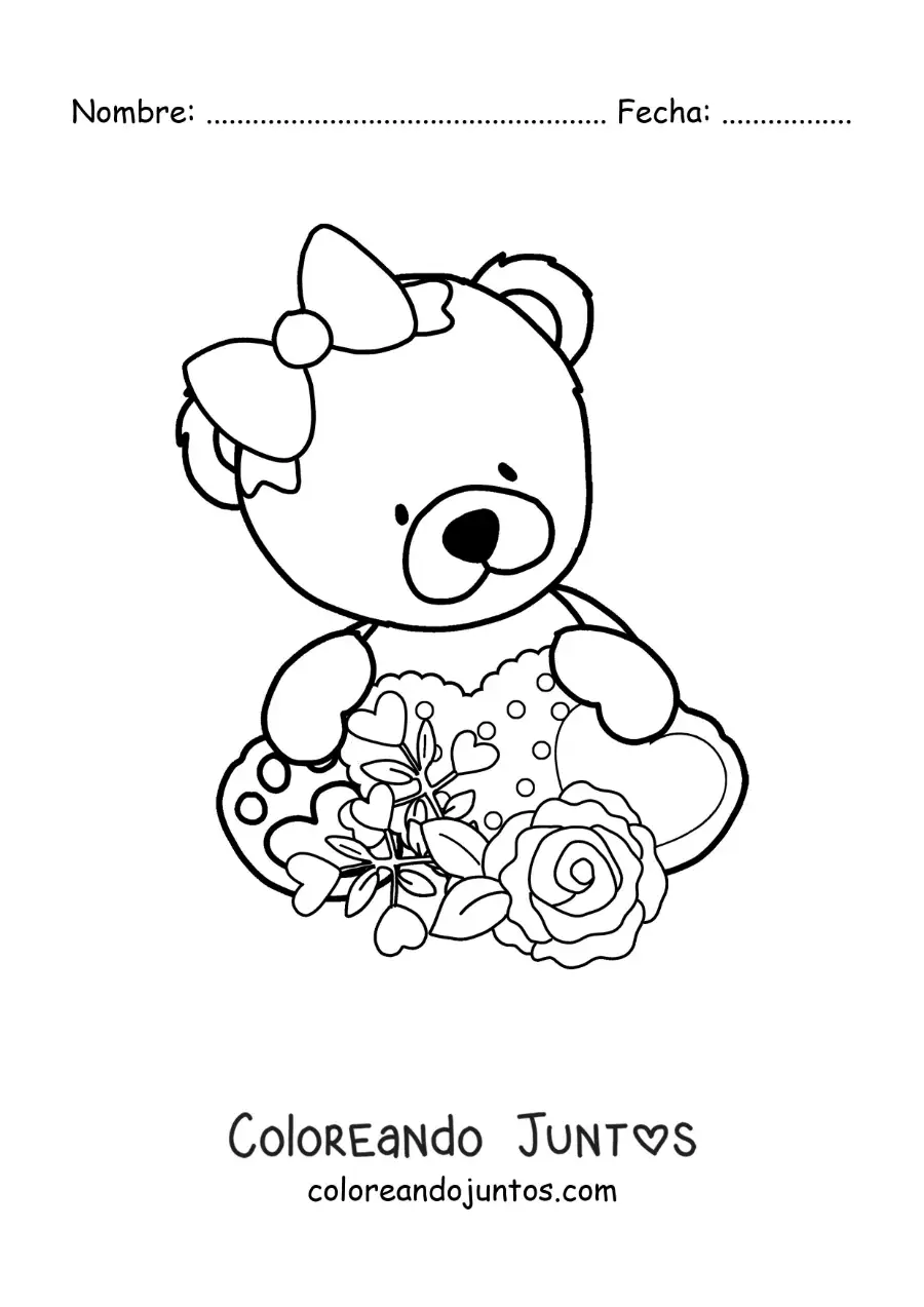 Imagen para colorear de osita de peluche sentada con flores y corazones