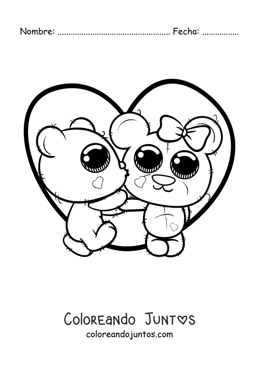 Imagen para colorear de ositos kawaii de peluche enamorados con un corazón grande