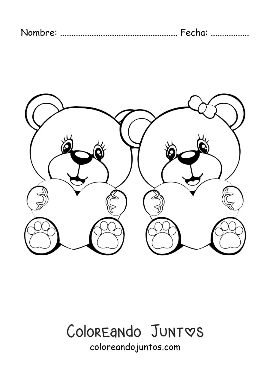 Imagen para colorear de pareja de osos amorosos sentados con corazones