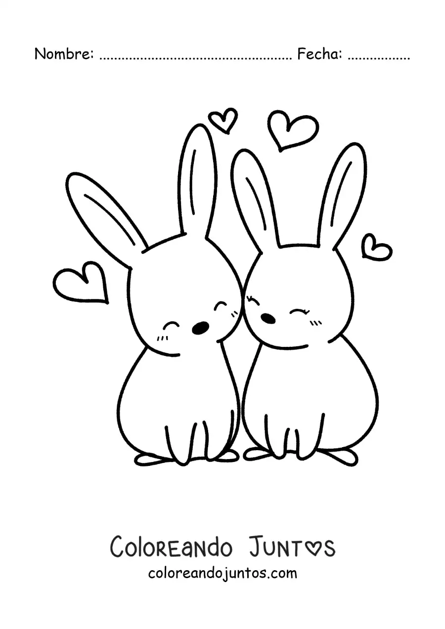 Imagen para colorear de pareja de conejos kawaii enamorados