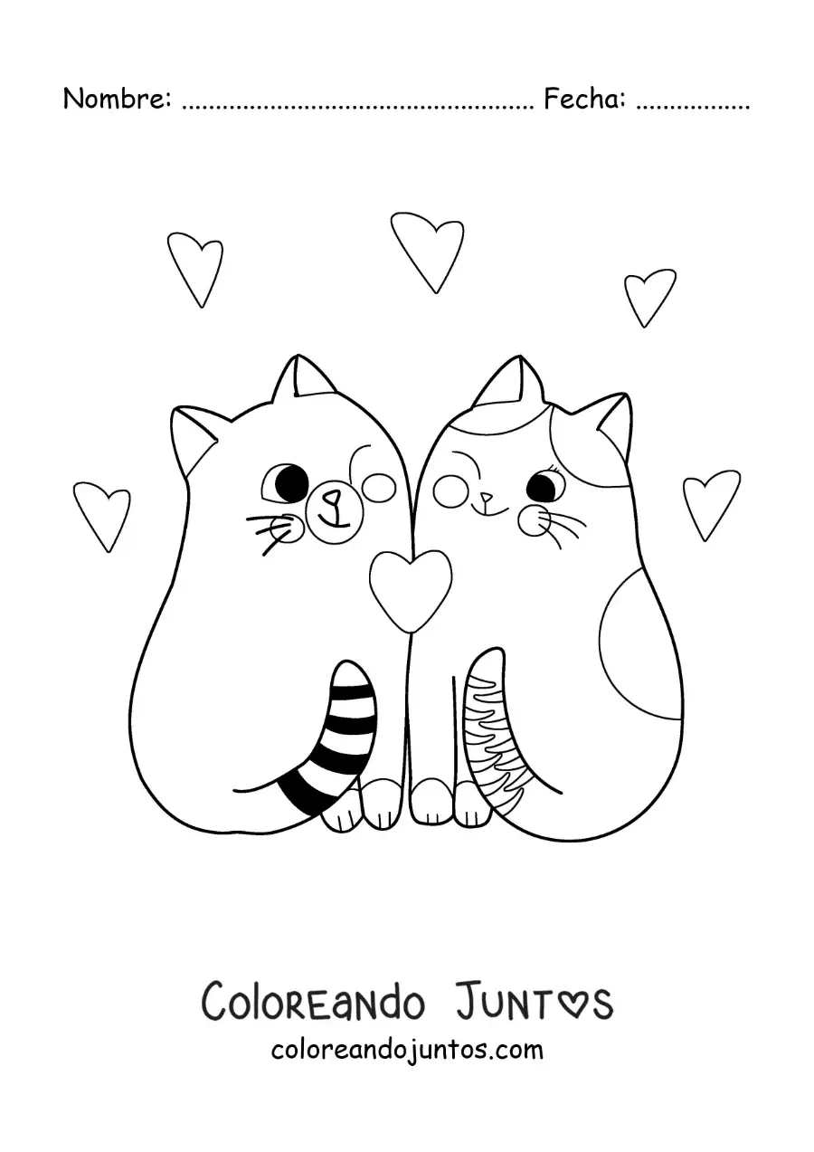 Imagen para colorear de pareja de gatitos enamorados animados juntos con corazones