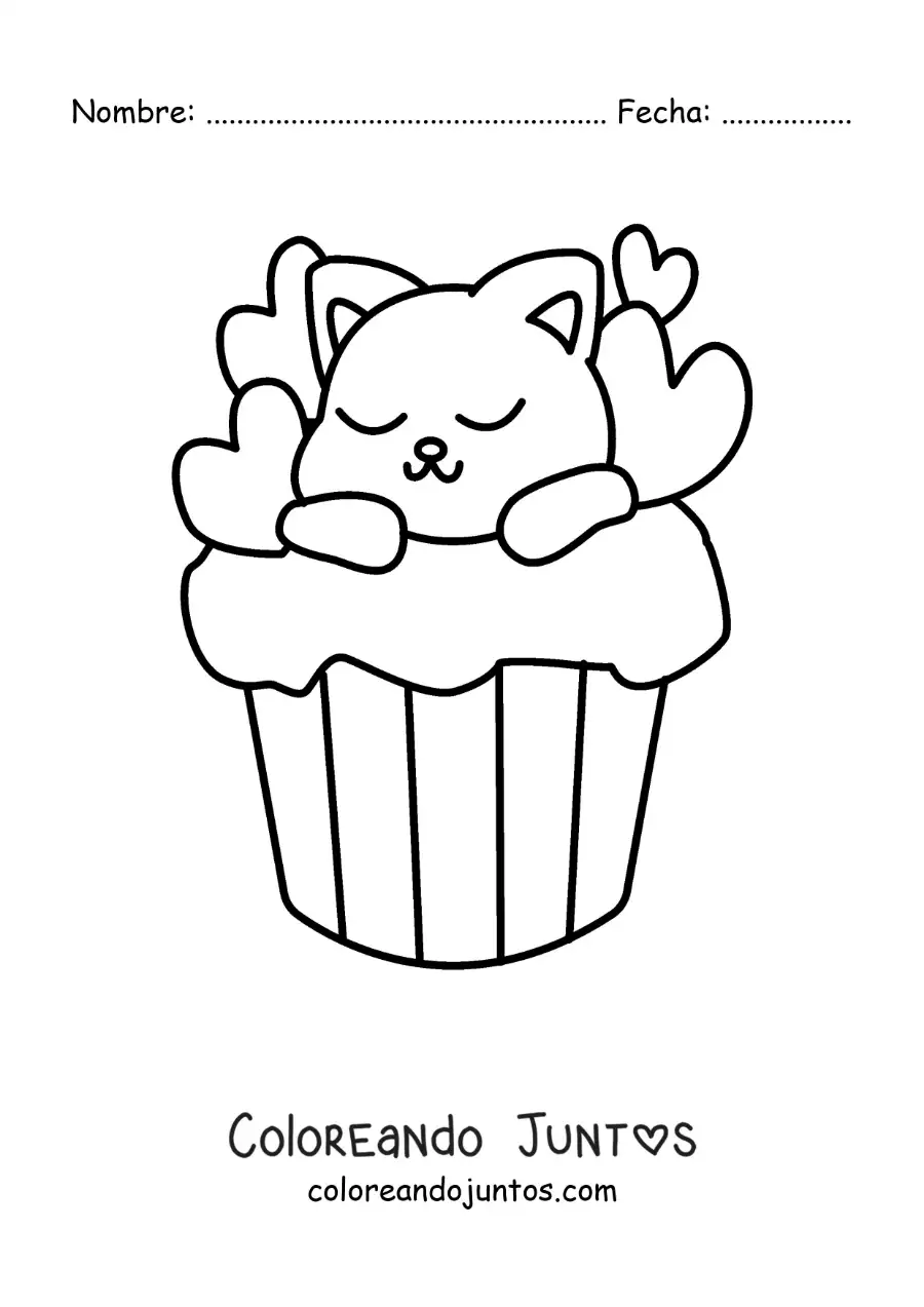 Imagen para colorear de gato tierno durmiendo en un cupcake de corazones