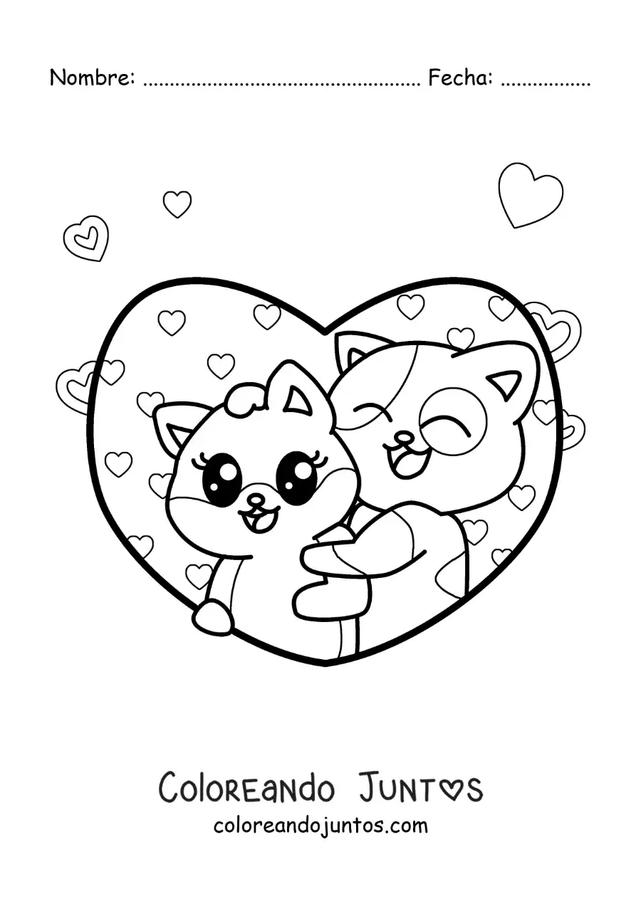 Imagen para colorear de dos gatos tiernos enamorados rodeados de corazones