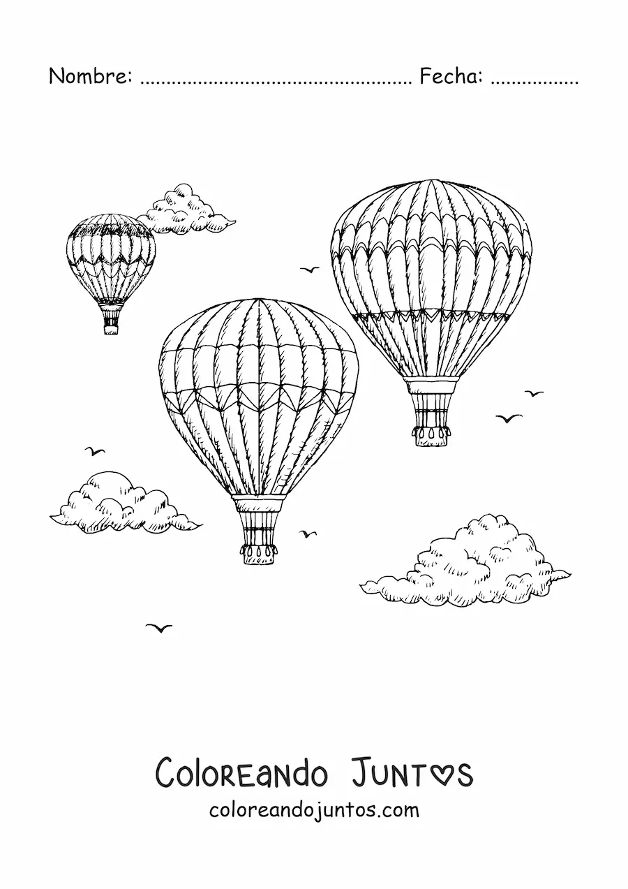 Imagen para colorear de tres globos aerostáticos en el cielo