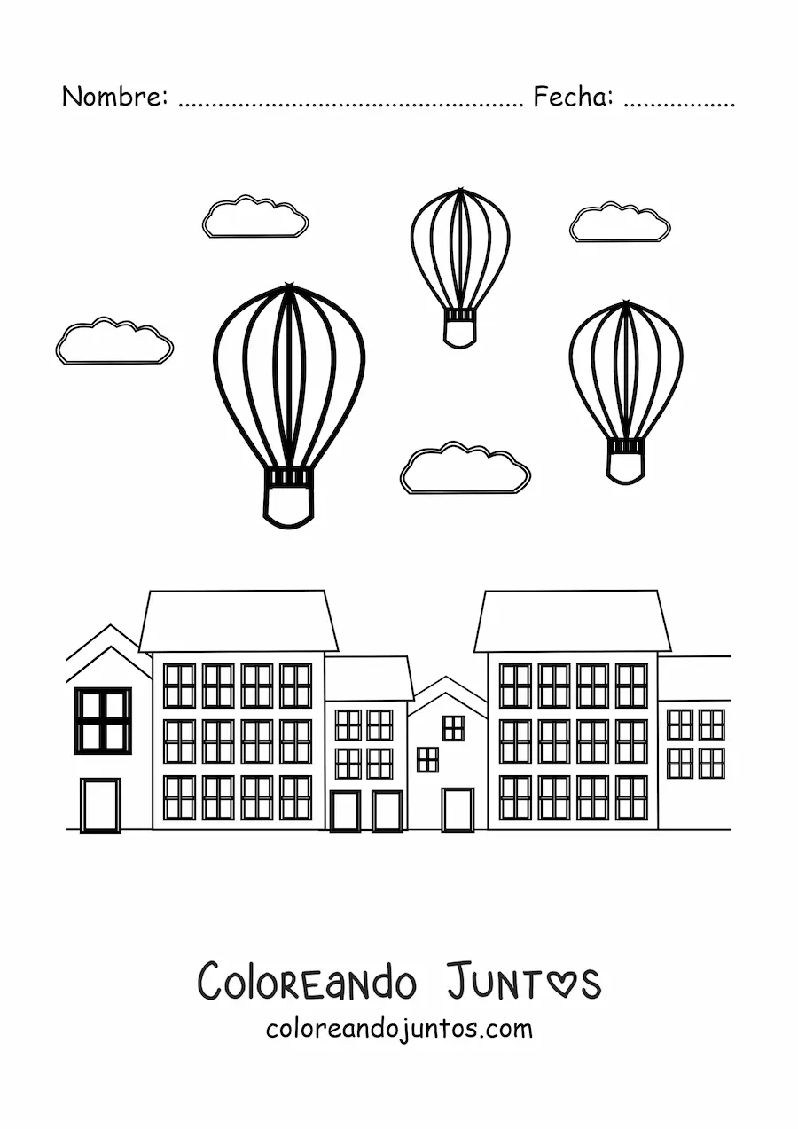 Imagen para colorear de tres globos aerostáticos volando sobre la ciudad