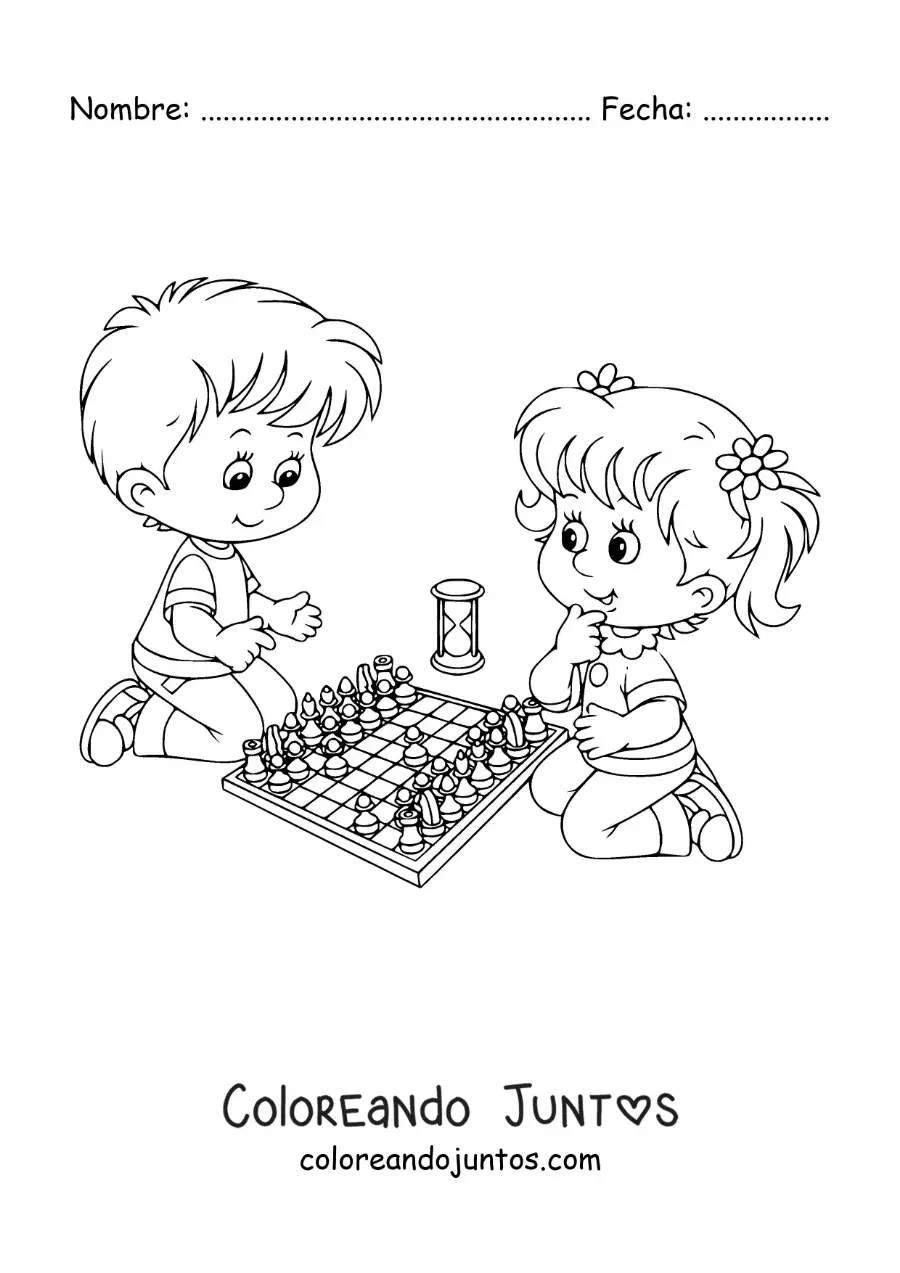Imagen para colorear de un niño y una niña jugando ajedrez