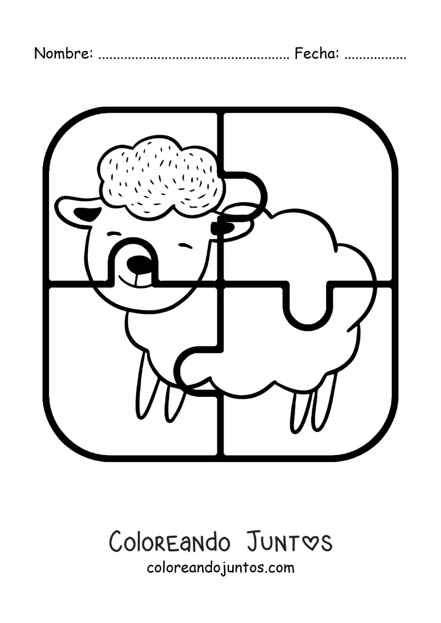 Imagen para colorear de rompecabezas recortable de 4 piezas de una oveja animada