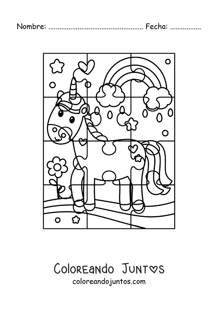 Imagen para colorear de rompecabezas recortable de un unicornio animado con arcoíris