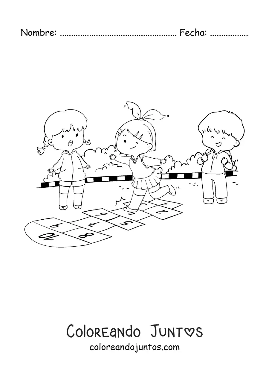 Imagen para colorear de niños saltando en el juego tradicional del avioncito