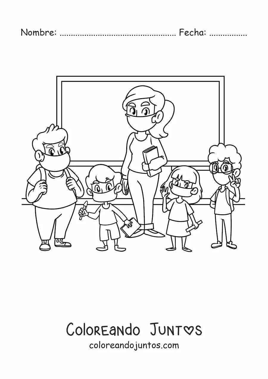 Imagen para colorear de una maestra junto a sus alumnos con mascarillas