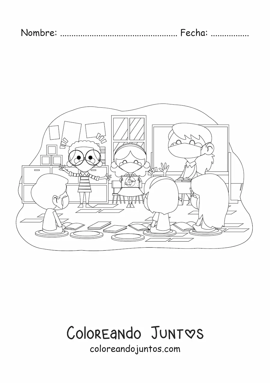 Imagen para colorear de una maestra y alumnos en un aula con mascarillas