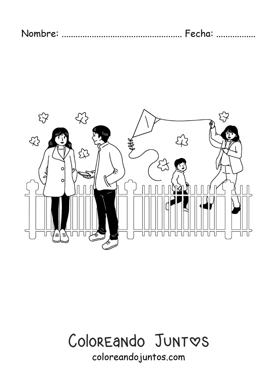 Imagen para colorear de niño volando un volantín con su mamá en el parque