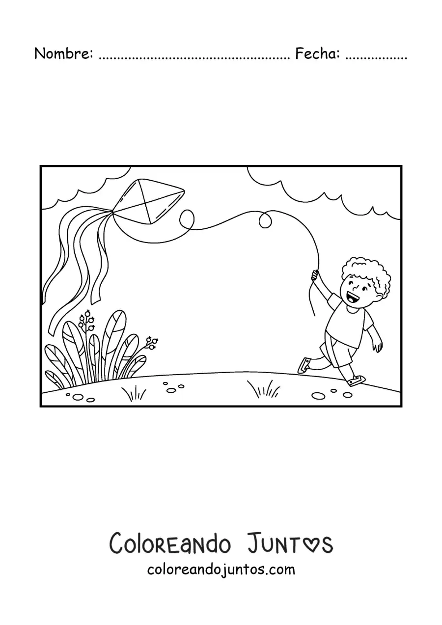 Imagen para colorear de niño volando un cometa de papel en el parque